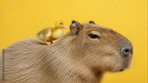 Little duckling sitting on friendly capybara. Cute animal friendship concept. Adorable pets together on yellow background.