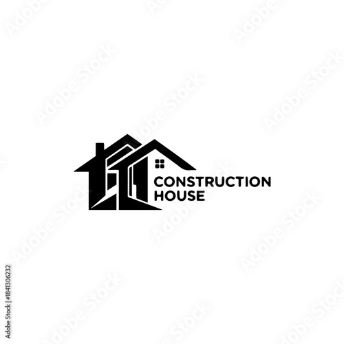 Black and white construction house logo icon for building, home, property development, architecture, and real estate services isolated on transparent background
