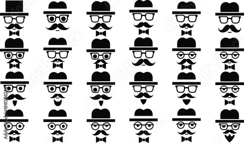 Collection of retro hipster avatar icons featuring mustaches, hats, glasses, and bow ties in minimalist black silhouette style for branding and design