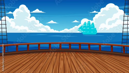 A wooden deck of a ship overlooks a vast blue ocean with a distant sailing vessel under a cloudy sky.