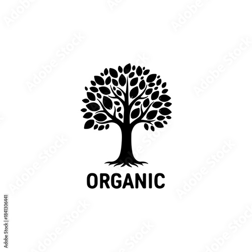 Stylized black tree with vibrant leaves and the word organic below, symbolizing nature and sustainability. isolated on transparent background