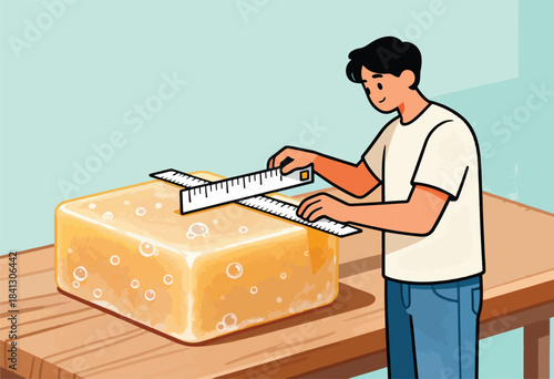 Person measuring a large block of cheese with two rulers