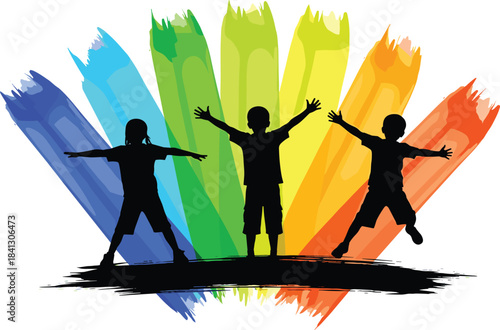 Silhouette of three happy children with arms raised against a vibrant, colorful rainbow brushstroke background