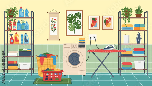 A well-organized laundry room with a washing machine, ironing board, iron, and shelves stocked with cleaning supplies and folded clothes.