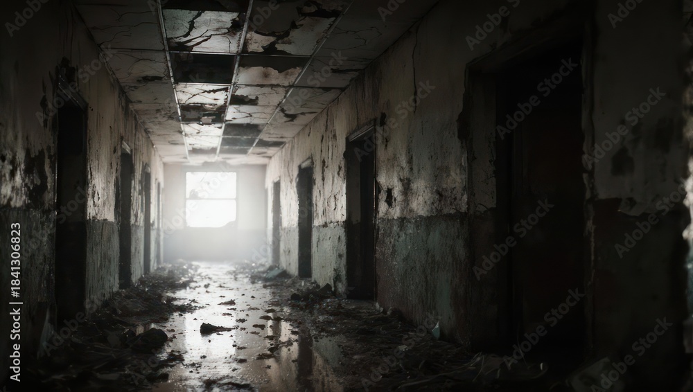 Fototapeta premium Abandoned hallway with peeling paint and debris.