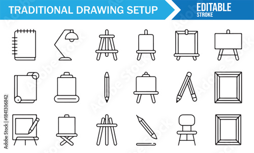 Outline icons of pencils, pads, easels, chairs, and studio accessories for art projects