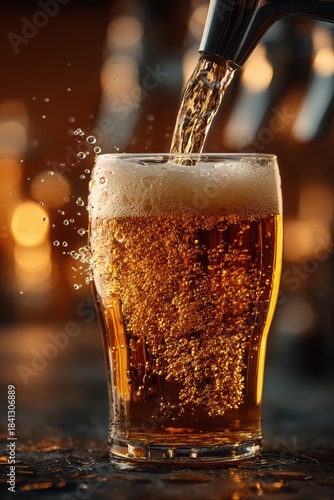 Wallpaper Mural Close-up golden beer with foam and bubbles poured from tap into chilled glass on wet bar counter, warm bokeh lights in background, concept of refreshing pub celebration Torontodigital.ca