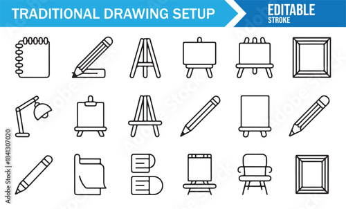 Editable stroke drawing setup icons featuring pencils, easels, lamps, and sketching tools