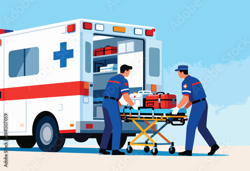 Paramedics load medical equipment onto a stretcher near an ambulance