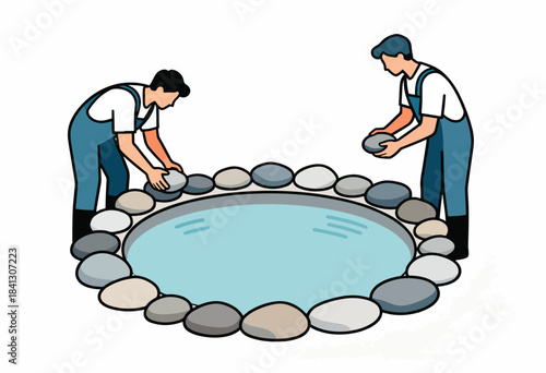 Two workers construct a small pond by arranging stones around its edge