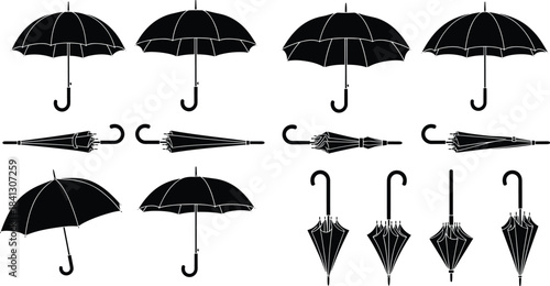 Collection of umbrella silhouettes featuring open and closed designs, classic curved handles, and various angles for versatile graphic and design use.