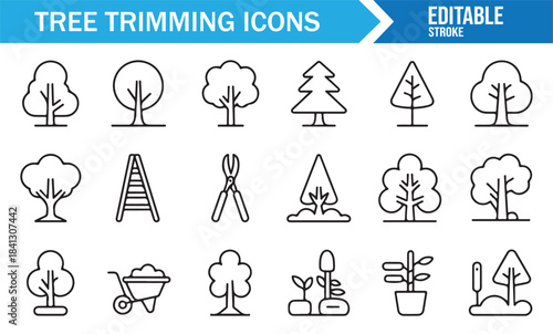 Modern vector icon set showing trees, chainsaws, ladders, and garden maintenance items