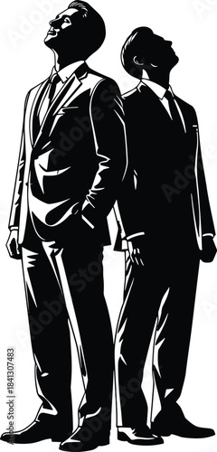 Business silhouettes, formal suits, black vector men, back-to-back pose, minimal design, confident posture, dramatic lighting, ambition, style, elegance