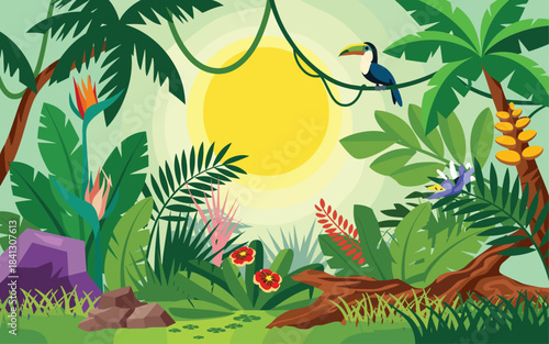 Tropical jungle scene with toucan and hummingbird in vibrant greenery