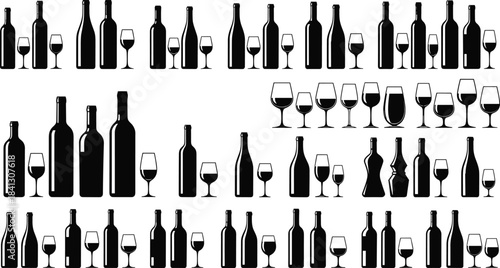 Collection of wine bottles and wine glasses silhouettes showcasing various shapes, drinkware styles, beverage containers, bar elements, and elegant designs