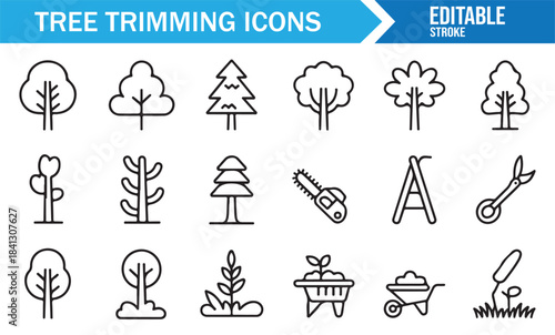 Minimal linear gardening and arbor care icons including trees, cutters, and wheelbarrow