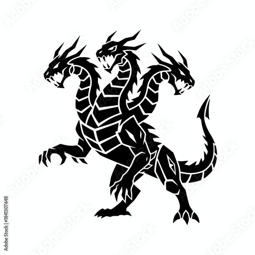 Mythical Three Headed Dragon Creature Illustration.