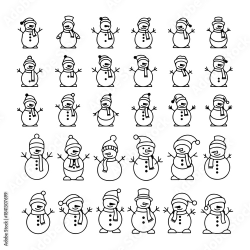 concept of winter snowman silhouette pack Black and white snowman illustration with top hat and carrot nose. Vector retro hand 