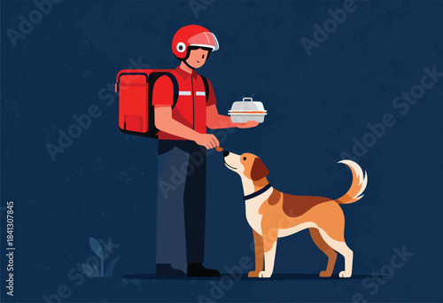 Person with delivery bag feeds treat to dog standing on textured blue background