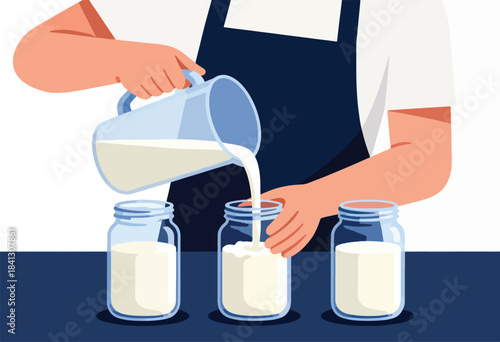 Hand pouring milk from a pitcher into glass jars