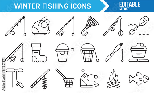 Clean outline icons of ice fishing setups, gear, heaters, and frozen lake elements