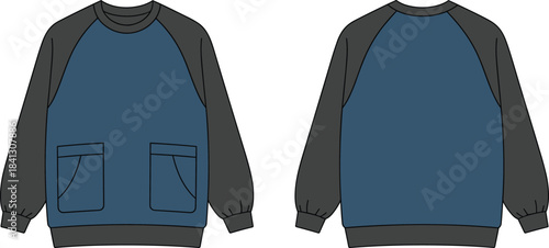 Color block pullover sweatshirt, long sleeve, crew neck, dark blue and gray, patch pockets, casual wear, fashion apparel, unisex garment