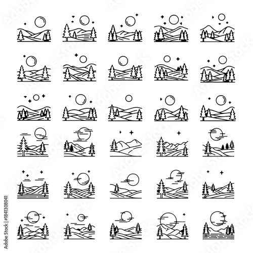 mountain landscape designs with sun and moon variations