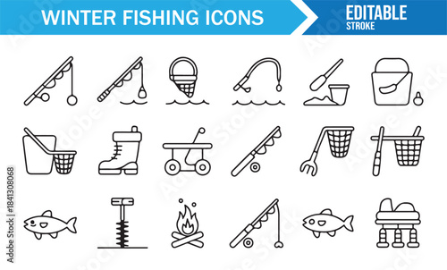 Winter outdoor angling symbols in minimal vector line style for design use