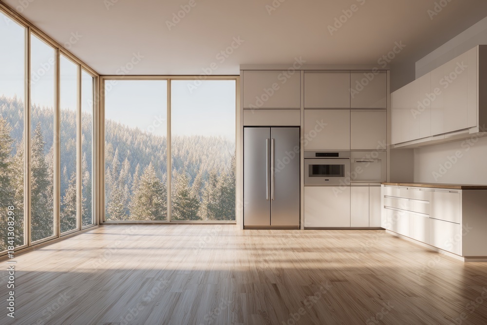 Fototapeta premium Modern kitchen with expansive window showcasing a snowy forest view.