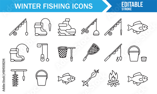 Modern outline winter fishing tools including nets, rods, shelters, and gear