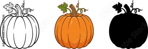 Autumn Pumpkin Icon Set - Outline, Full Color and Black Silhouette - Harvest and Halloween Vegetable Vector.