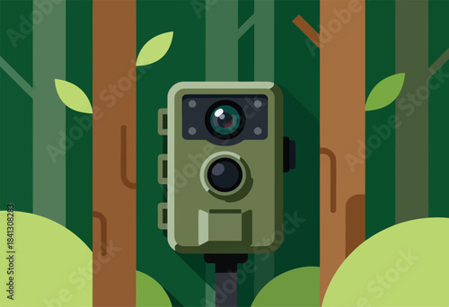 A camouflaged camera sits amongst trees in a forest