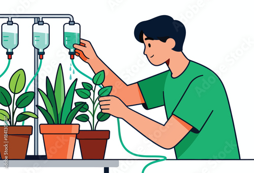 Person tends to potted plants using an intravenous drip system