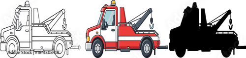 Modern Tow Truck Icon Set - Outline, Full Color and Black Silhouette - Roadside Assistance Vehicle Vector.