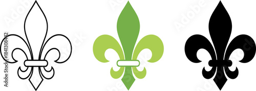 Fleur-de-lis Icon Set (Green Color) - Outline, Full Color and Black Silhouette - Traditional Symbol Vector