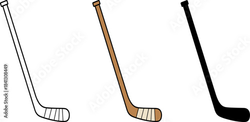 Ice Hockey Stick Icon Set - Outline, Full Color and Black Silhouette - Sport Equipment Vector Graphic.