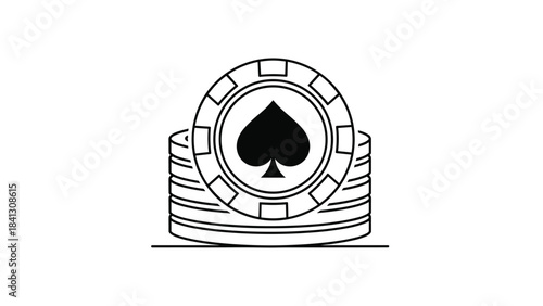 Black and white illustration of poker chips with a spade symbol on top for casino or gaming concepts, Generative AI