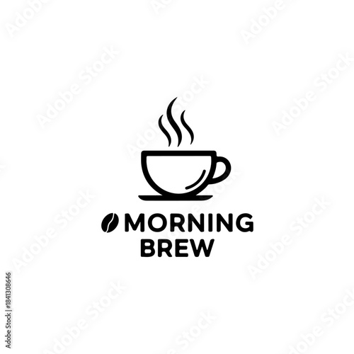 Iconic morning brew text logo with steaming coffee cup and bean, represents caffeine, energy, and breakfast beverage. isolated on transparent background