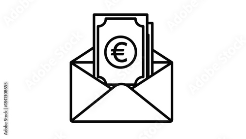Black line art illustration of euro banknotes in an envelope on, Generative AI