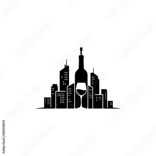 Urban nightlife silhouette of wine bottle and glass with cityscape background, corkscrew detail isolated on transparent background