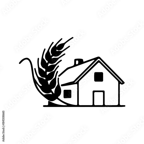 Stylized black and white icon of a house integrated with a wheat stalk, representing agriculture and home. isolated on transparent background
