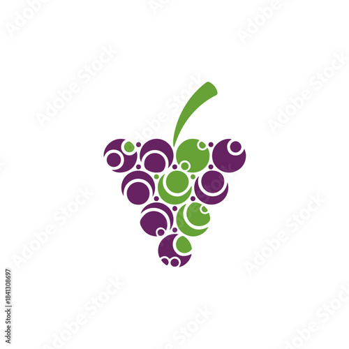 Stylized bunch of grapes illustration with purple and green circles and stem on white background isolated on transparent background