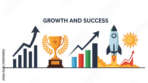Colorful infographic elements with growth and success concept on with graphs trophy and rocket, Generative AI