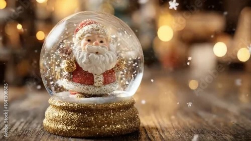 A whimsical close-up shot of a classic snow globe, featuring a charming festive character inside, complete with a red hat and white beard, surrounded by gently falling snowflakes. The glitter-encruste
