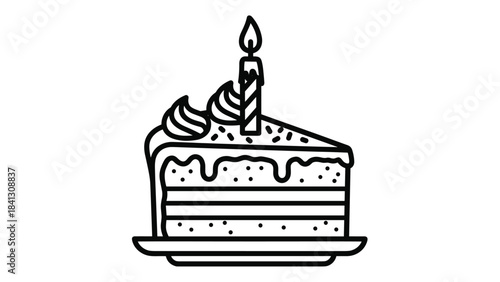 A black and white line drawing of a slice of cake with a lit candle on top, Generative AI