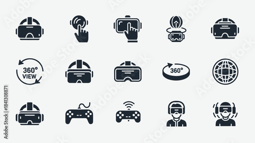 Collection of virtual reality gaming and 360 degree view icons in black color, Generative AI