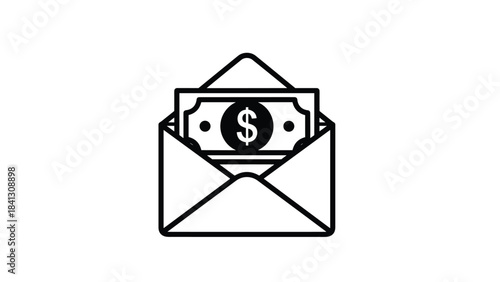 A black and white line drawing of an envelope with a dollar bill sticking out on isolated, Generative AI