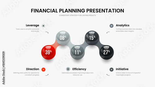 Business Insight Five Element Chart Slide Layout. Medical Launch 5 Option Diagram Presentation Design. Simple Briefing Frame Template Vector Illustration.