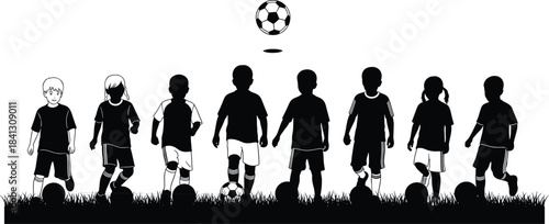 Children playing soccer in team formation silhouette, youth sports training, teamwork, football practice, active kids outdoor activity, fitness, teamwork development