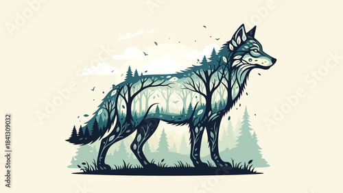 Forest Wolf Illustration. Double Exposure Wild Animal and Nature Silhouette.